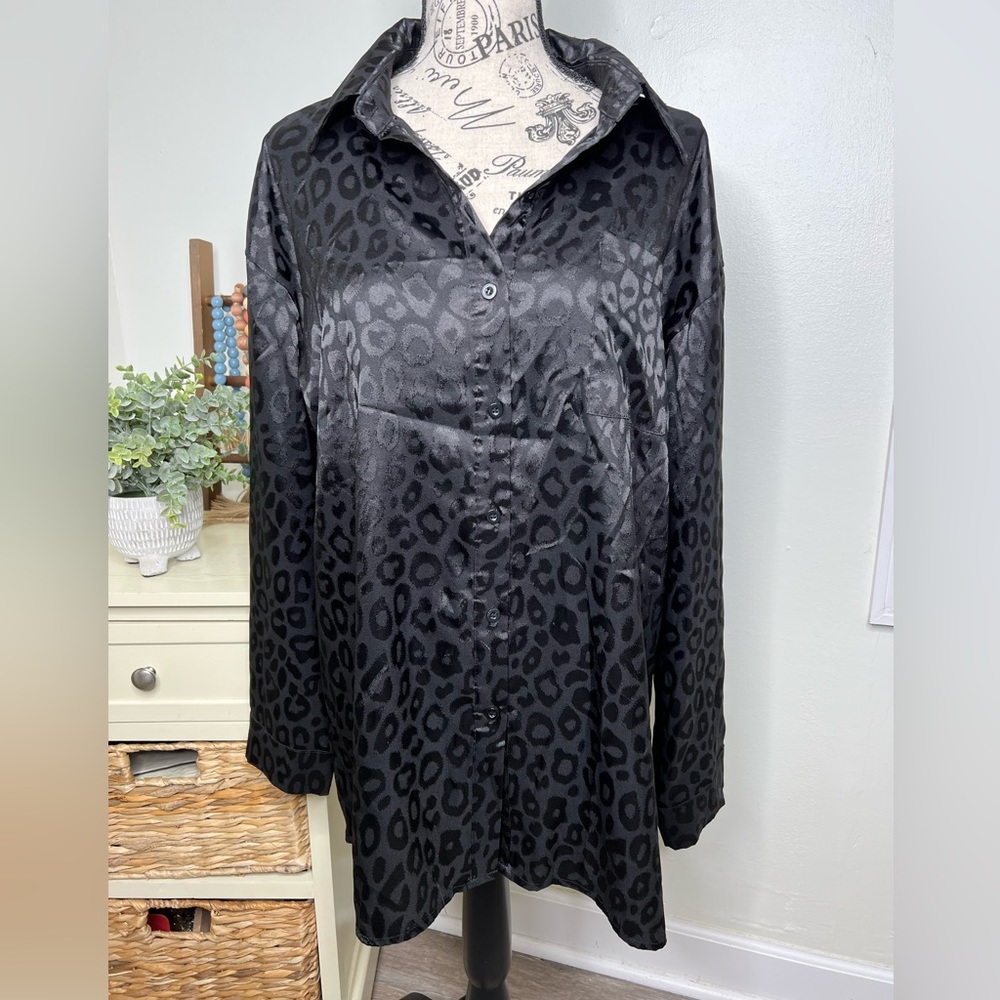 Shein Women’s Cheetah Print Black Satin Blouse Button Down Long Sleeve